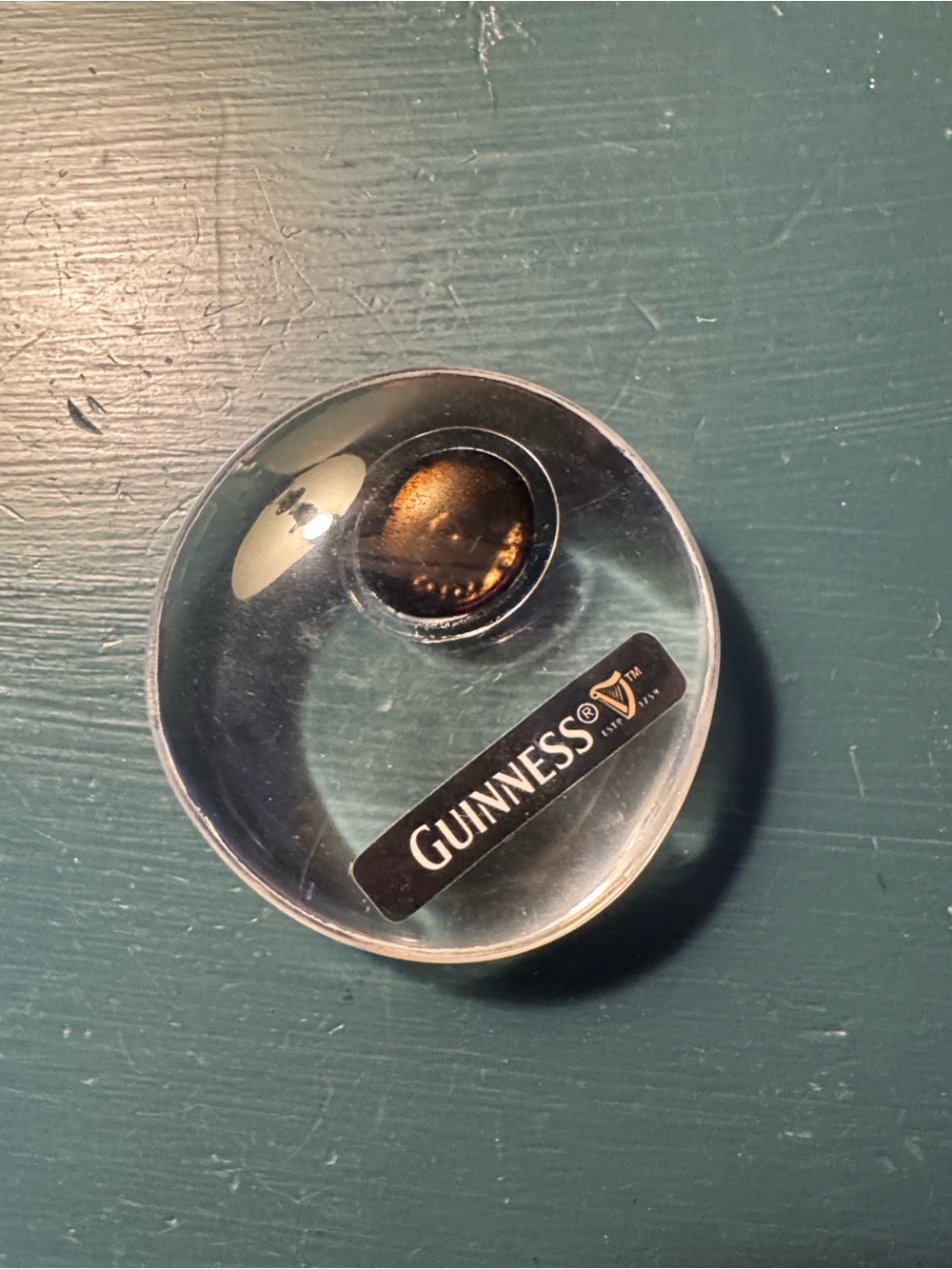 Guinness Clear Resin Paperweight with Black and Gold Accent